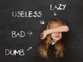 abused disciplined schoolgirl pointed as lazy dumb bad and useless on class blackboard Royalty Free Stock Photo