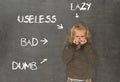 Abused disciplined schoolgirl pointed as lazy dumb bad and useless on class blackboard Royalty Free Stock Photo