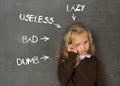 Abused disciplined schoolgirl pointed as lazy dumb bad and useless on class blackboard Royalty Free Stock Photo