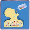 Abusing medicines, schematic illustration of human figure swallowing too many pills.