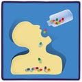 Abusing medicines, schematic illustration of human figure swallowing too many pills. Royalty Free Stock Photo