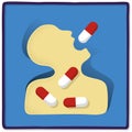 Abusing medicines, schematic illustration of human figure swallowing too many pills. Royalty Free Stock Photo