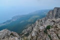 Abyss in steep rocks Ai-Petri, Crimea. Cliff against the backdrop of blue coastline with city and forest, beautiful summer