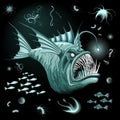 Fish Abyssal Monster on dark deep ocean zone, with bioluminescent bait on its head Vector Illustration