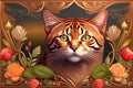 abyssinian cat with classical floral elements emanating from center of face, woodcutting template, decorative design, classical