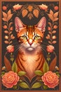 abyssinian cat with classical floral elements emanating from center of face, woodcutting template, decorative design, classical