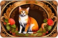 abyssinian cat with classical floral elements emanating from center of face, woodcutting template, decorative design, classical