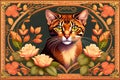 abyssinian cat with classical floral elements emanating from center of face, woodcutting template, decorative design, classical