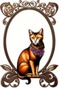 abyssinian cat with classical floral elements emanating from center of face, woodcutting template, decorative design, classical