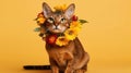 Abyssinian Cat With A Flower Crown On Yellow Background. Generative AI