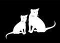 Abyssinian cat and kitten vector isolated illustration. Black and white silhouette of sitting abyssinian cats on black