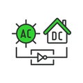 AC DC solar systems icons in line design green. AC, DC, solar, systems, energy, technology, power, electricity