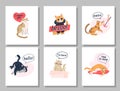 Collection of print cards with funny cats playing, hiding in box, sleeping and text message isolated on white background. Royalty Free Stock Photo
