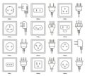 AC sockets with power plugs. Outlet and connector types from different countries around the world, electrical power point and Royalty Free Stock Photo