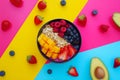 Aca fresh fruit bowl - top view shot - colorful background with leaves and fruit