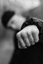 ACAB tattoo on the arm of a bully man. Black and white photo Royalty Free Stock Photo