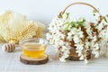 Acacia honey in a bowl. Leaves and flowers of acacia tree. Royalty Free Stock Photo