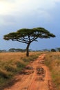 Acacia tree and long dirt road Royalty Free Stock Photo