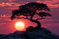 Acacia tree silhouette, rocks and plain grassland field against a setting sun. African savannah sunset landscape Royalty Free Stock Photo