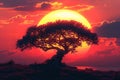 Acacia tree silhouette, rocks and plain grassland field against a setting sun. African savannah sunset landscape Royalty Free Stock Photo