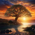 Ai Generated illustration Wildlife Concept of Acacia Tree Sunset Serengeti Africa Royalty Free Stock Photo