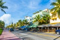 acade of art deco hotel Pelican with palm trees at ocean drive, south beach, Miami Royalty Free Stock Photo