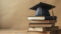 Academic achievement symbolized by a graduation cap atop stack of books Royalty Free Stock Photo