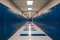 Academic ambiance hallway lined with blue school lockers