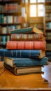 Academic ambiance Old books stacked on a rustic wooden table Royalty Free Stock Photo