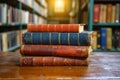 Academic ambiance Old books stacked on a rustic wooden table Royalty Free Stock Photo