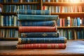 Academic ambiance Old books stacked on a rustic wooden table Royalty Free Stock Photo