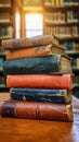 Academic ambiance Old books stacked on a rustic wooden table Royalty Free Stock Photo