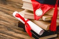 Academic cap, books, medal and diploma