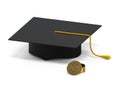 Academic cap with pile of coins. Perspective of wealth. 3D rendering.