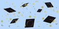 Academic cups thrown at the sky in a placer confetti Vector flat illustration