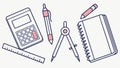 Academic Desk Tools Outline: Calculator, Ruler, Compass, Notebook, vector design Generative AI Royalty Free Stock Photo