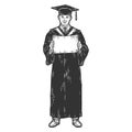 Academic dress. Graduate with a diploma. Sketch scratch board imitation.