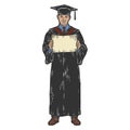 Academic dress. Graduate with a diploma. Sketch scratch board imitation.