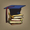 Academic graduation cap on stack of books. Retro engraving style education concept Royalty Free Stock Photo