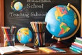 Academic Haven: School Table Laden with Pencils and Colored Pencils, a World Globe Nestled Among School Books, Wisps of Creativity