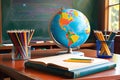 Academic Haven: School Table Laden with Pencils and Colored Pencils, a World Globe Nestled Among School Books, Wisps of Creativity