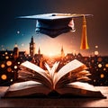 Academic learning concept digital collage illustration with graduate cap and open book