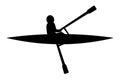 Academic rowing. Silhouette. The athlete swims backwards. A man on a boat rows with oars