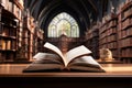 Academic sanctuary A library with open textbooks and bookshelves