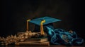 Academic Serenity: Dark Green Graduation Cap with Dried Flowers in Soft Light