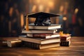 Academic success, graduation cap on books, wooden desk background