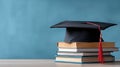 Academic Success Symbolized by Graduation Cap on Stack of Books Against Royalty Free Stock Photo