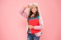 Academic year. Winter semester. Teen with backpack and books. Stylish schoolgirl. Girl little fashionable schoolgirl