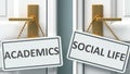 Academics or social life as a choice in life - pictured as words Academics, social life on doors to show that Academics and social