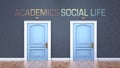 Academics and social life as a choice - pictured as words Academics, social life on doors to show that Academics and social life